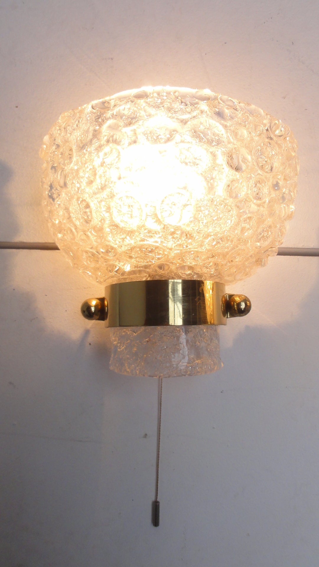 Textured Ice Crystal Glass & Brass Wall Sconces by Kaiser Germany 1960's For Sale 3