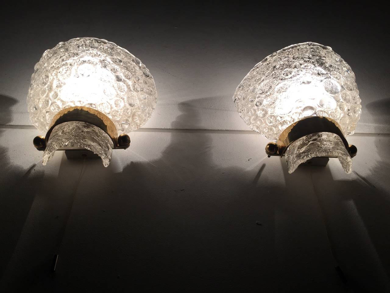 Textured Ice Crystal Glass & Brass Wall Sconces by Kaiser Germany 1960's For Sale 2
