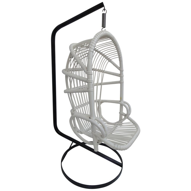 Iconic Sixties White Cane Parrot Hanging Chair With Metal Frame By Rohe Noordwolde The Netherlands For Sale
