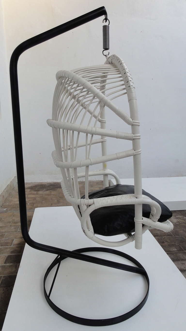 Mid-Century Modern Iconic Sixties White Cane Parrot Hanging Chair With Metal Frame By Rohe Noordwolde The Netherlands For Sale