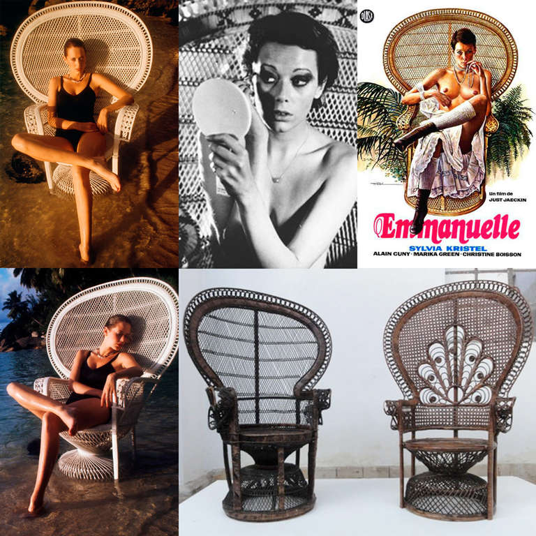 Paire d'iconiques chaises Peacock en osier Silvia Kristel "Emmanuelle" des  années 1970 sur 1stDibs