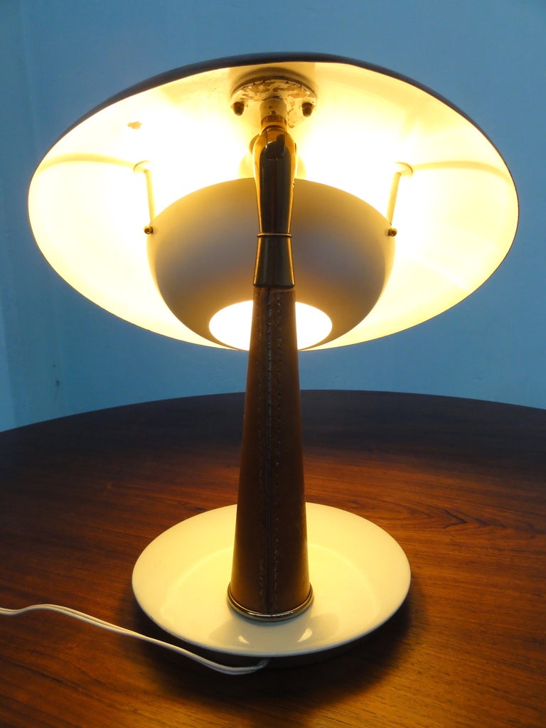 Mid-20th Century Beautiful Angelo Lelli lamp in brass & leather published In Arredoluce Catalogue