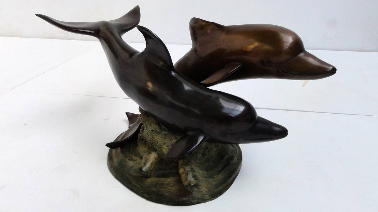 Late 20th Century Decorative Casted Bronze Dolphins coffee table