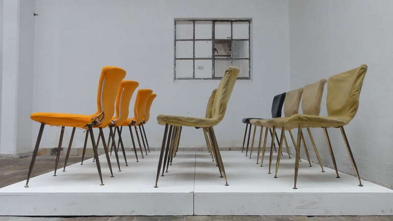 Mid-20th Century 14 Louis Sognot Dining Chairs, Brass Legs, 1959, Arflex, PRICE INCLUDES RESTORATION