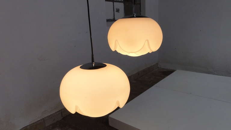 Modern Peill & Putzler Floral Shaped White Opaline Hanging Lamps, Germany 1970s