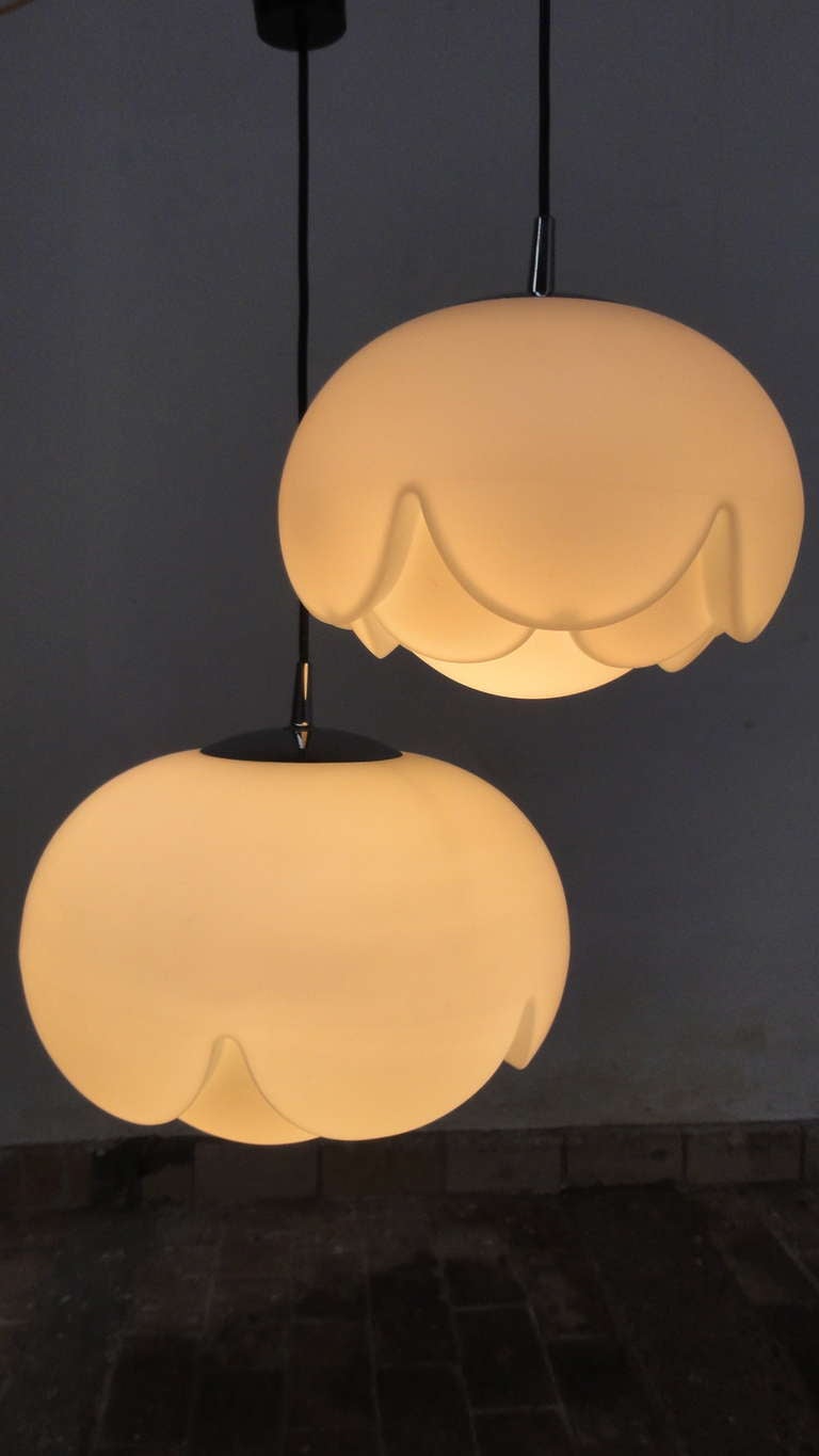 Peill & Putzler Floral Shaped White Opaline Hanging Lamps, Germany 1970s 1