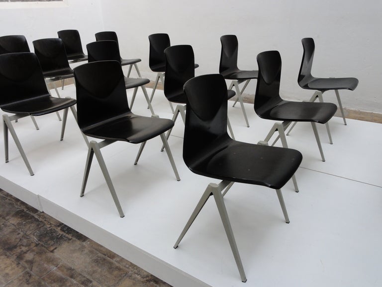 Industrial Galvanitas industrial folded metal / pacwood stacking chairs The Netherlands
