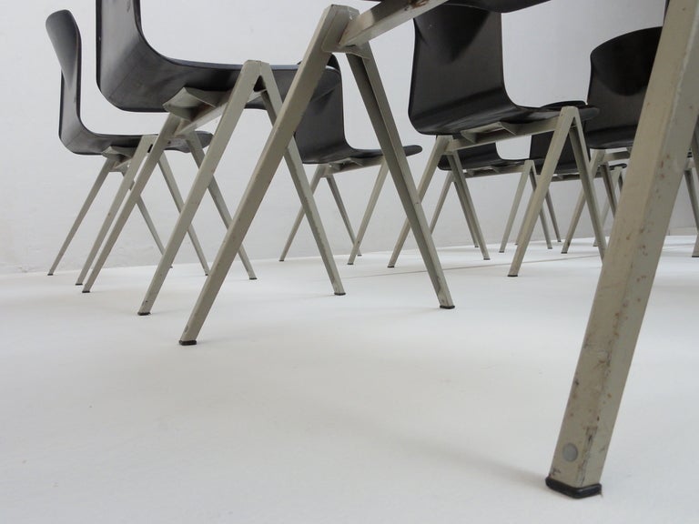 Dutch Galvanitas industrial folded metal / pacwood stacking chairs The Netherlands