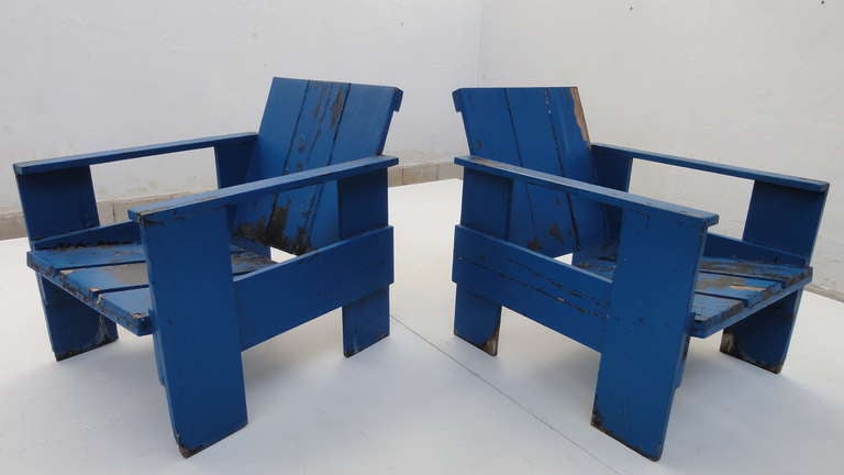 Lovely set of four crate chairs attributed to Gerrit Rietveld from the mid 1960s. The chairs are in cosmetically distressed condition but are  still very solid structurally and can be used as is. The chairs are 100% vintage and  there is evidence