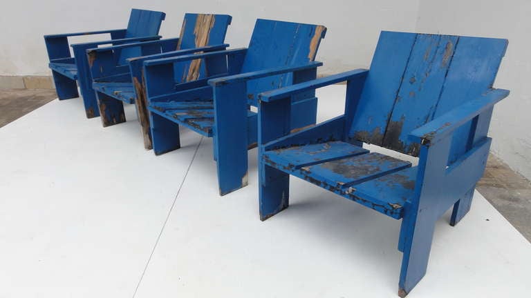 Dutch Lovely Set Of 4  Mid 1960s Rietveld Crate Chairs In Distressed Vintage Condition