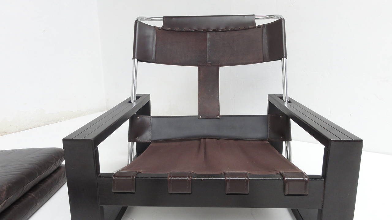 Superb Leather and Stained Oak Reclining Chair by Sonja Wasseur Amsterdam, 1970 2