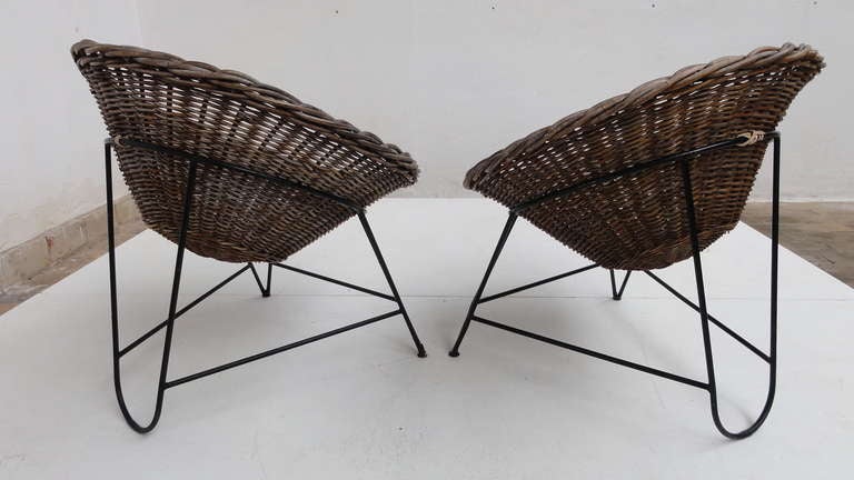 Mid-Century Modern Nice Pair Of Dutch 50's Outdoor Wicker Basket Chairs With Metal Wire Base