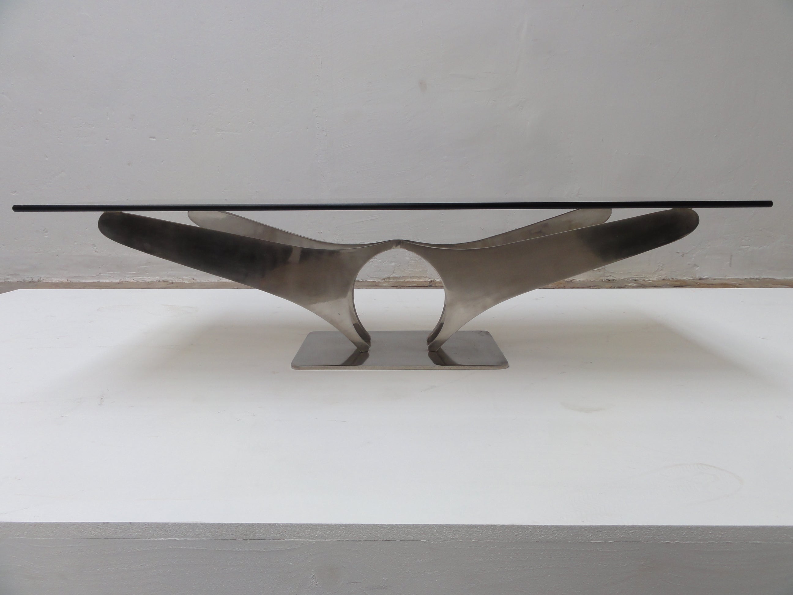 Stunning French 1968-72 sculptural Coffee Table In 5/16" (8 mm)  Stainless Steel