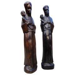 Pair of African Ebony wood handcarved black Madonna sculptures