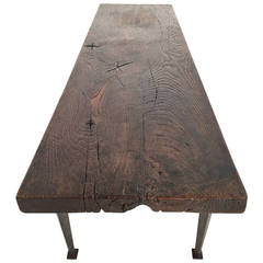 1960s Brutalist Coffee Table in Solid Rustic Oak and Forged Steel Base