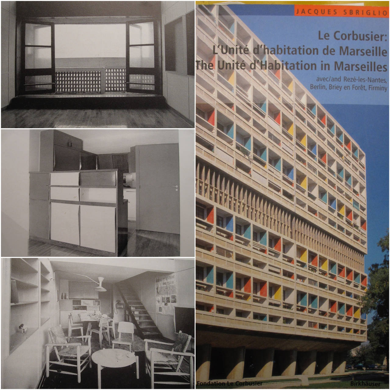 A salvaged wall integrated wooden shelving from the Le Corbusier's Unite d'habitation in Marseille.

This type of storage where integrated in walls throughout the building and some were taken out during renovations in the 1980s.

A kitchen from