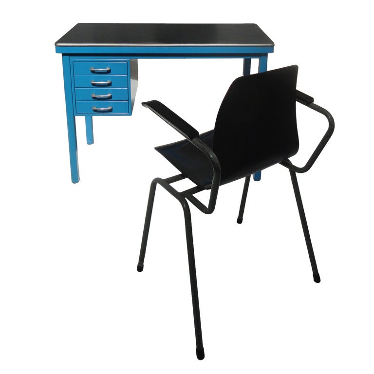 Dutch industrial metal secretary Gispen desk and chair 1950
s