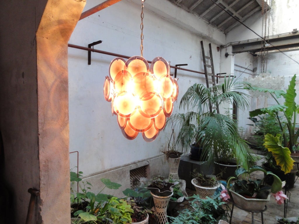 Italian Vistosi Murano Purple-White Glass Disc Chandelier Italy 1970's