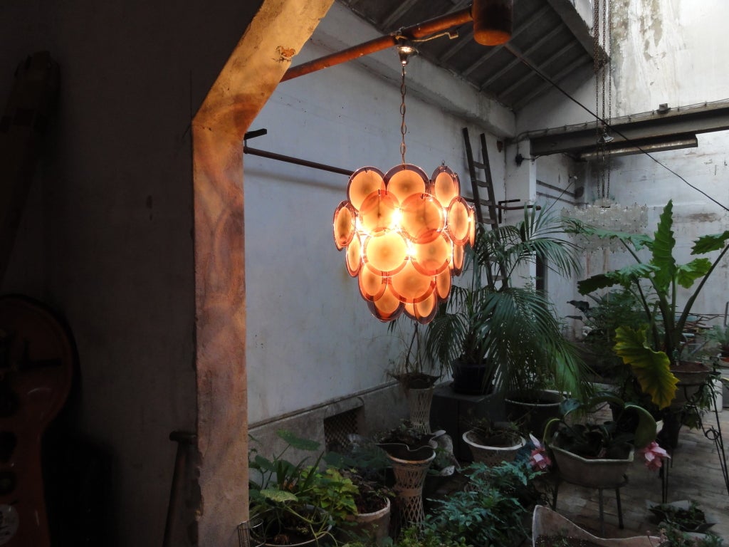 Vistosi Murano Purple-White Glass Disc Chandelier Italy 1970's 2
