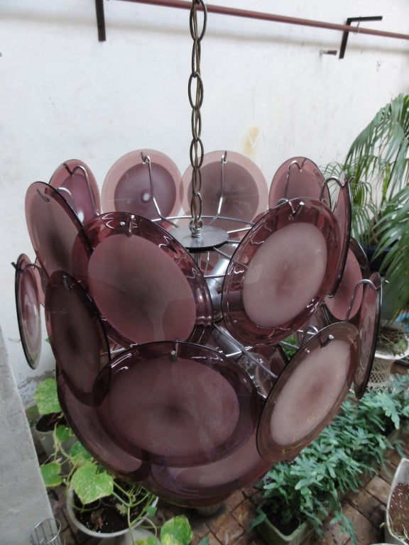 Vistosi Murano Purple-White Glass Disc Chandelier Italy 1970's 3