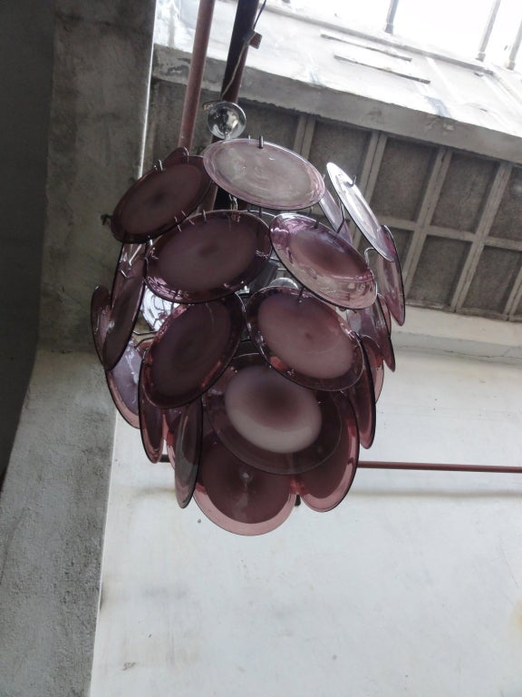 Vistosi Murano Purple-White Glass Disc Chandelier Italy 1970's 4
