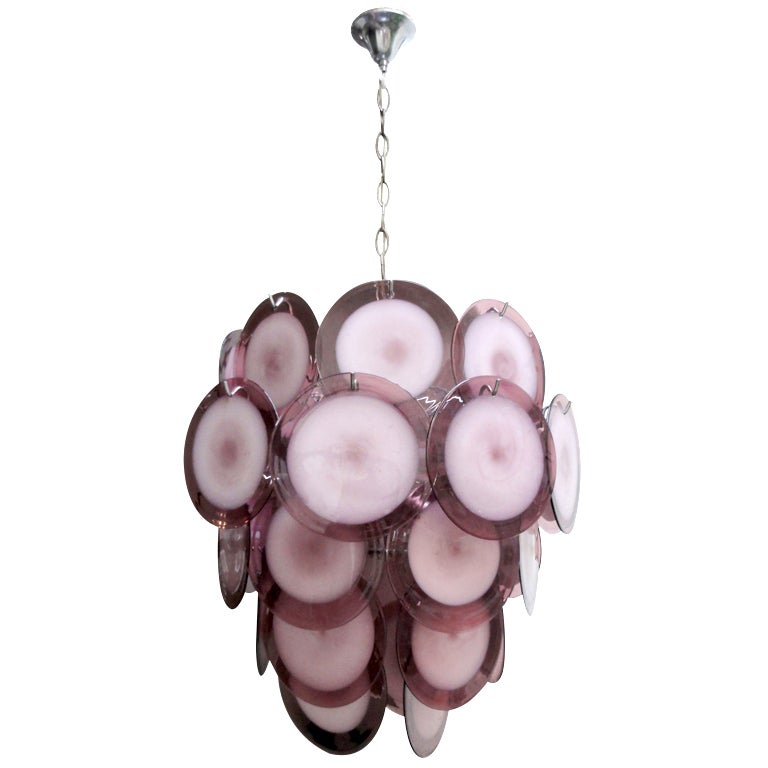 Vistosi Murano Purple-White Glass Disc Chandelier Italy 1970's