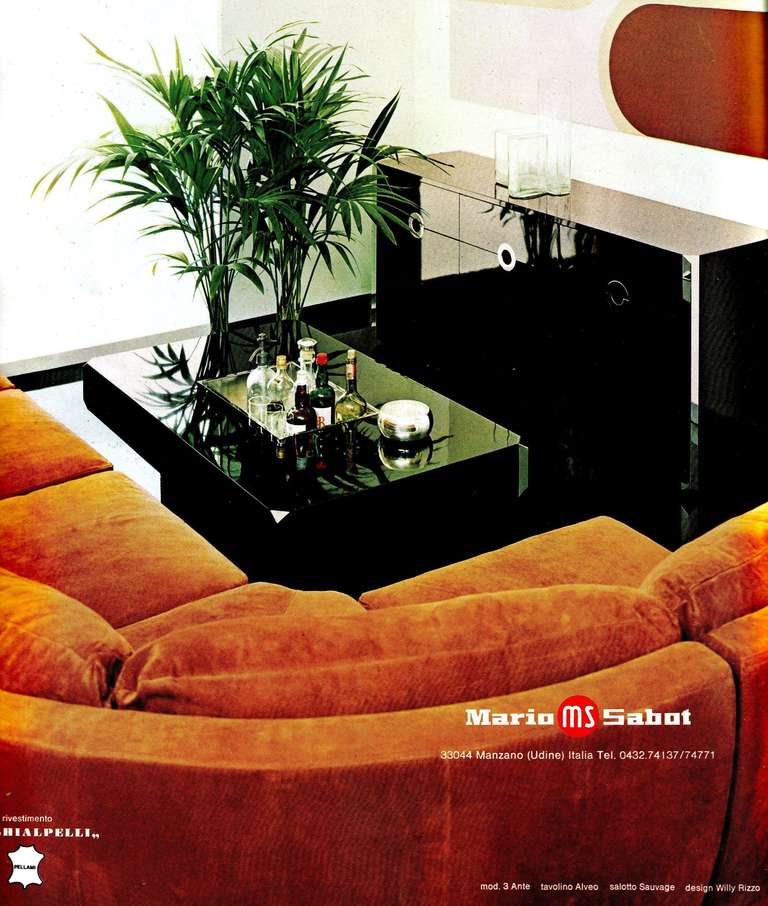 Supremely elegant Willy Rizzo ALVEO coffee table with central stainless steel container for use  either as a dry bar or  planter.  This  Willy Rizzo design was manufactured by   Mario Sabot a fact also confirmed to us  by the Studio Willy Rizzo  in