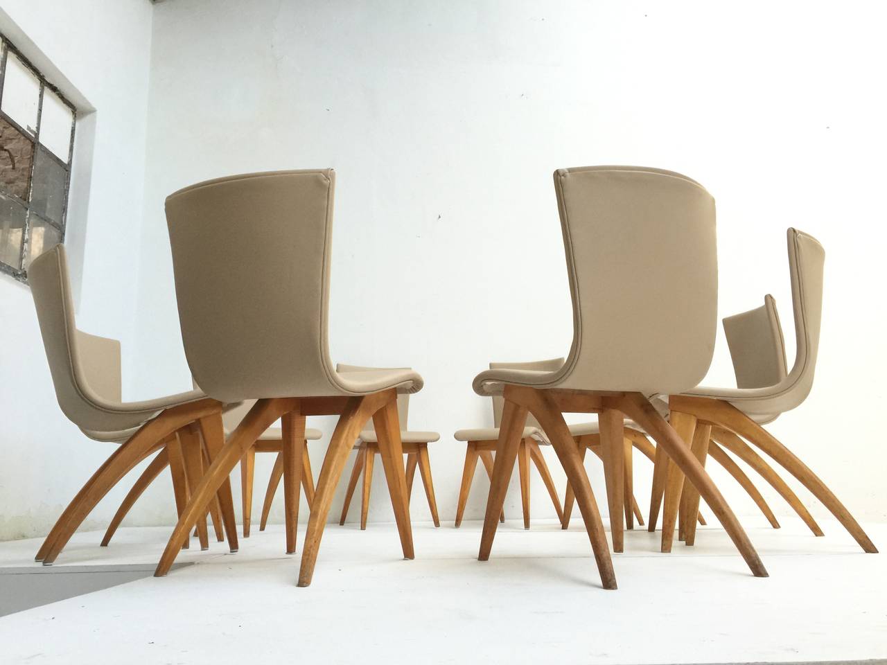 Marvelous Set of Ten Dutch 1950s Design Leather and Birch Van Os Dining Chairs 1