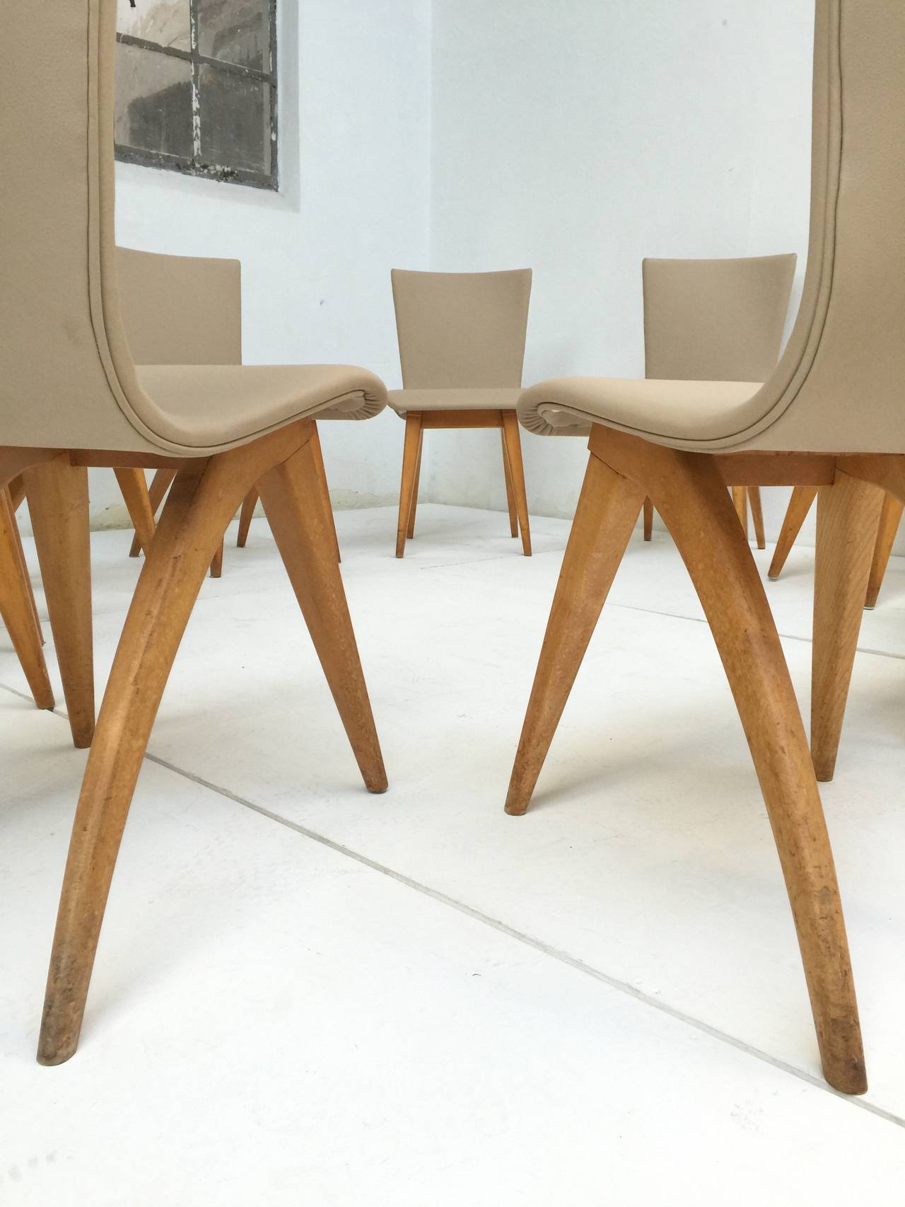 Mid-Century Modern Marvelous Set of Ten Dutch 1950s Design Leather and Birch Van Os Dining Chairs