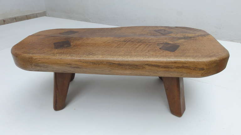 Oak Rustic oak French coffee table in the style of Pierre Chapo & Charlotte Perriand