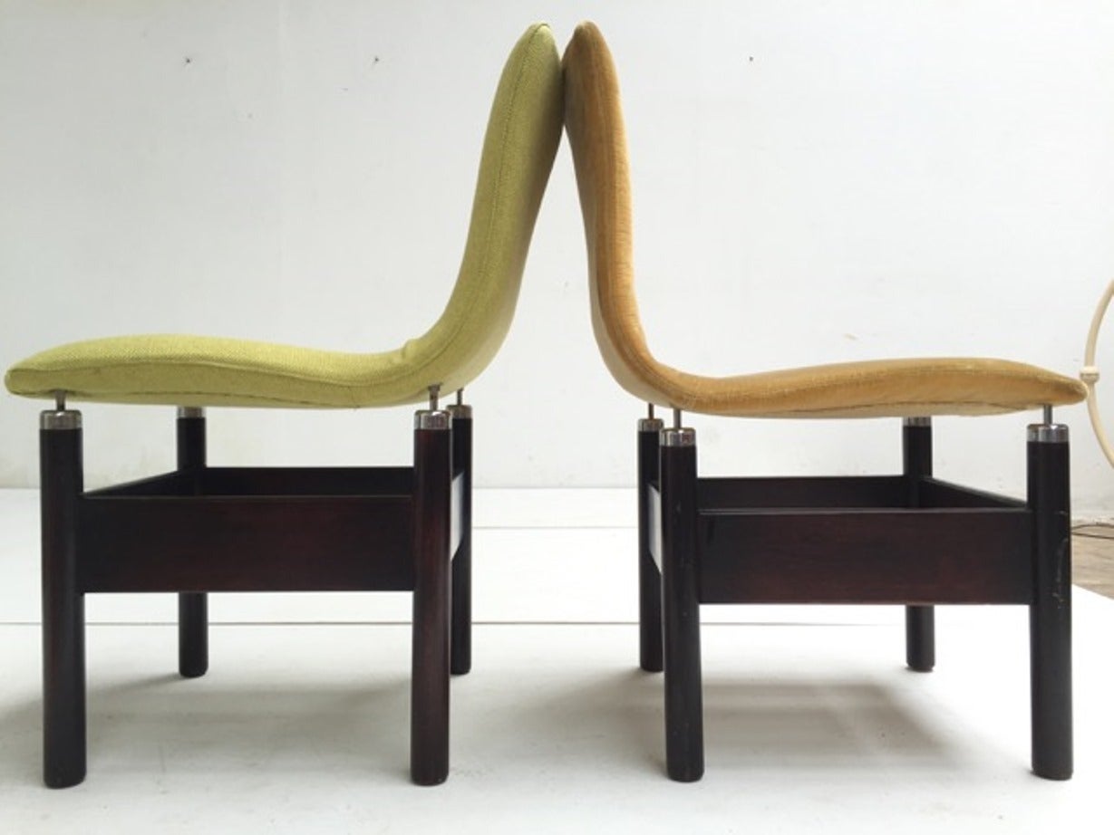Eight ,supremely elegant and rare  rosewood 'Chelsea; dining chairs by Vittorio Introini for Saporiti ,Italy ,1966.

The chairs with the more orange  tone color  seats (on the left hand side of the main photo) are very rare,  from the very