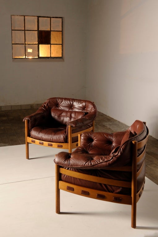 Arne Norell pair of brown leather easy chairs for Coja 2