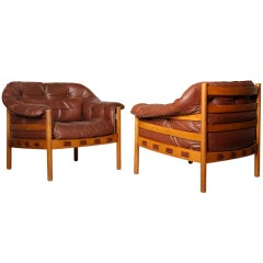 Arne Norell pair of brown leather easy chairs for Coja