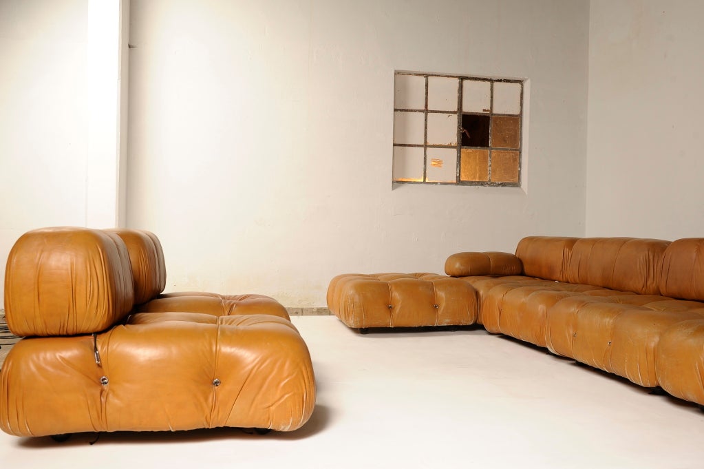 Extremely rare  opportunity  to acquire a Camaleonda modular seating landscape in original natural leather. The leather variant was a special order option and was  very expensive and rarely ordered as the space age taste of the period favoured the