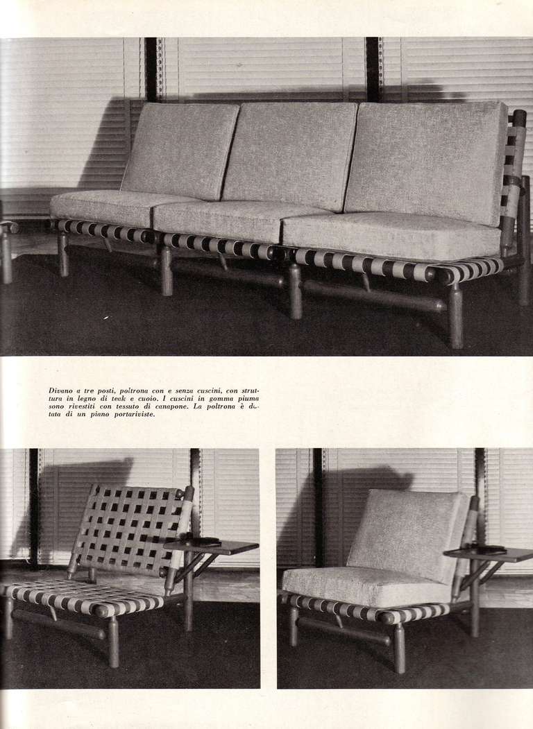 Rare 1957 Tapiovaara leather seating, prod Esposizione Permanente Mobili, Italy, 4