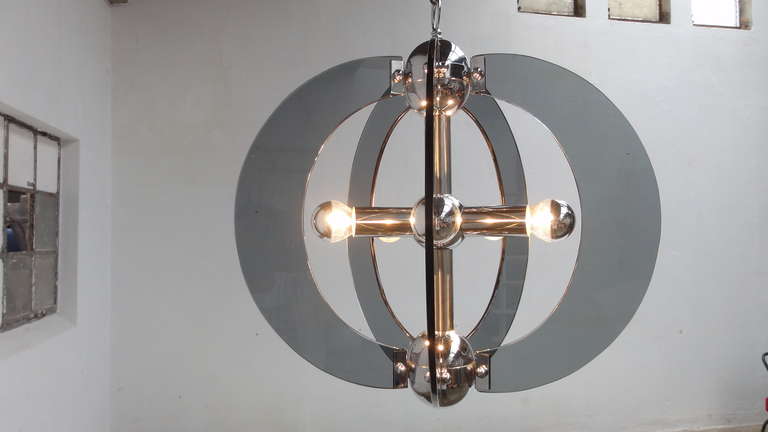 Large 70's Italian Murano Glass & Chrome Chandelier in the Style of Fontana Arte In Good Condition In bergen op zoom, NL