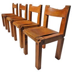 Set of 4 Solid Ashwood & Leather chairs by Pierre Chapo, France