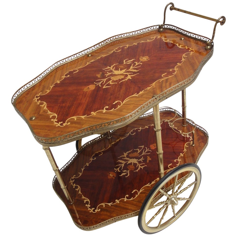 Exquisite Italian Marquetry Wood and Brass Bar Cart