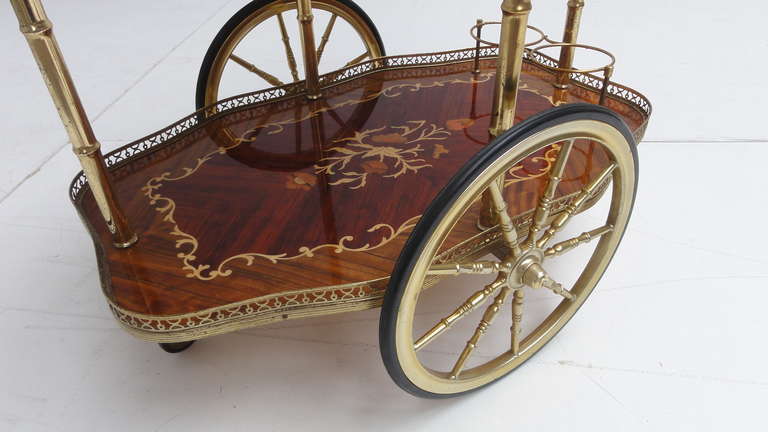 Exquisite Italian Marquetry Wood and Brass Bar Cart 2