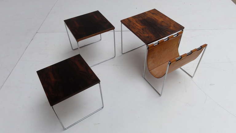 Dutch Rosewood and Leather Nesting Tables by Brabantia, The Netherlands, 1970s