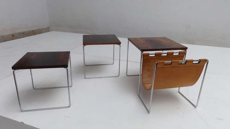 Rosewood and Leather Nesting Tables by Brabantia, The Netherlands, 1970s In Good Condition In bergen op zoom, NL