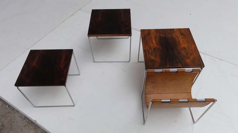 Late 20th Century Rosewood and Leather Nesting Tables by Brabantia, The Netherlands, 1970s