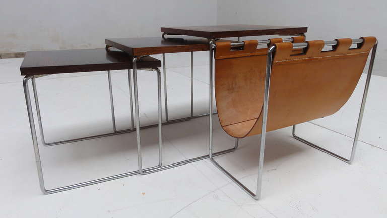 Chrome Rosewood and Leather Nesting Tables by Brabantia, The Netherlands, 1970s