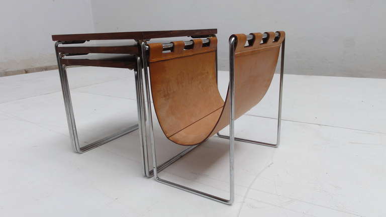 Scandinavian Modern Rosewood and Leather Nesting Tables by Brabantia, The Netherlands, 1970s
