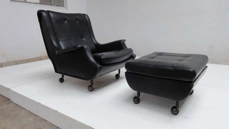 Mid-20th Century Rare Marco Zanuso Regent Lounge Chair and Ottoman by Arflex, Italy, 1960