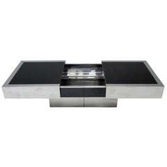 Vintage Super Elegant 1975 Willy Rizzo Opening Table Bar in Stainless Steel and Glass