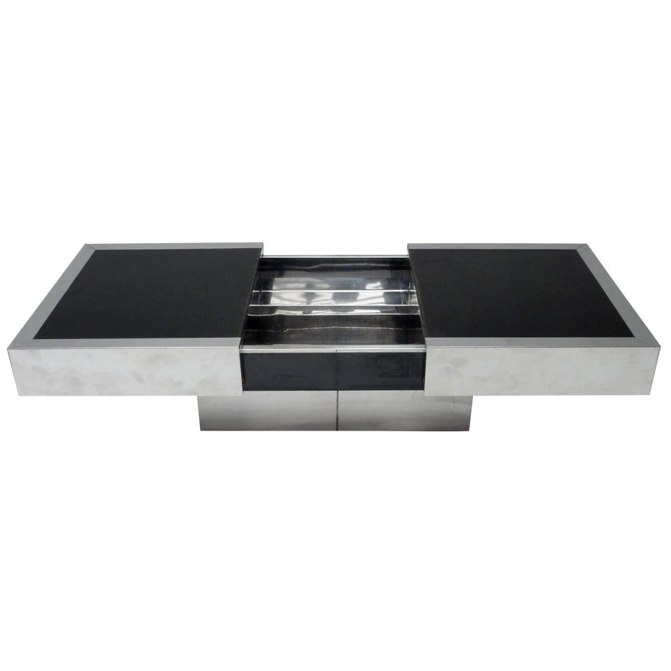 Super Elegant 1975 Willy Rizzo Opening Table Bar in Stainless Steel and Glass