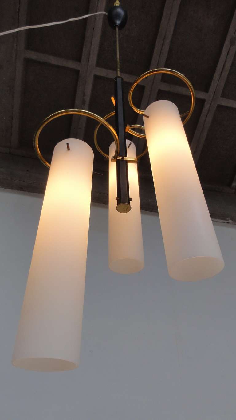 Mid-20th Century Opaline glass & Brass Italian Chandelier 1950's For Sale