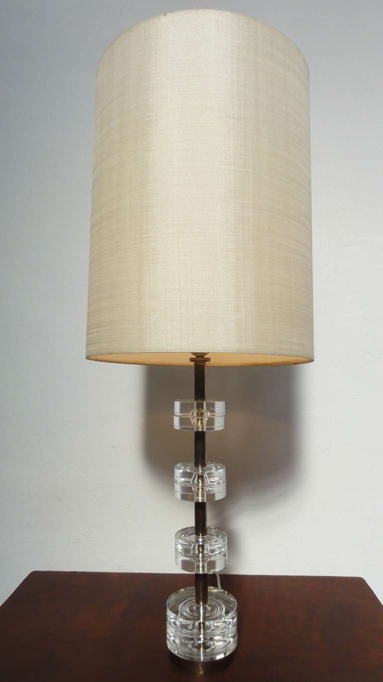Crystal Glass Disk and Brass Table Lamp by Orrefors Carl