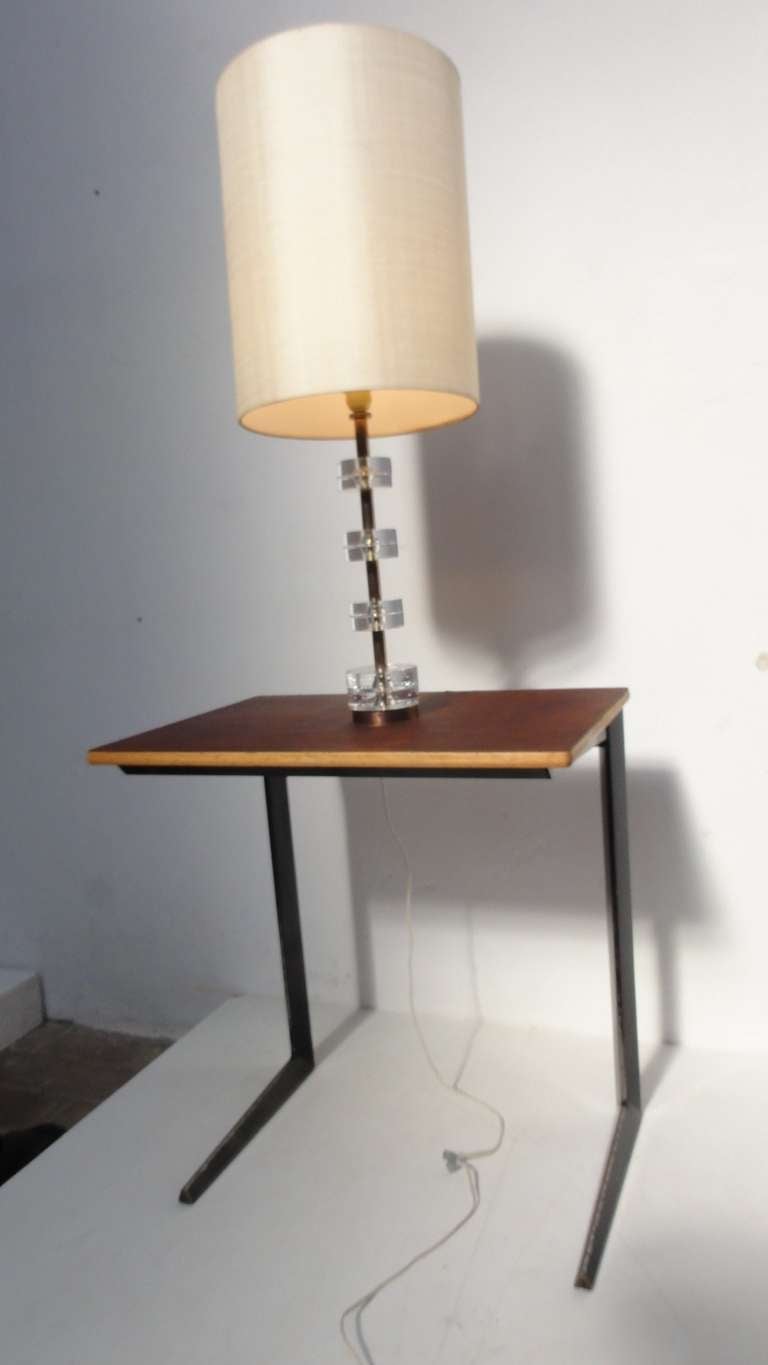 Crystal Glass Disk and Brass Table Lamp by Orrefors Carl